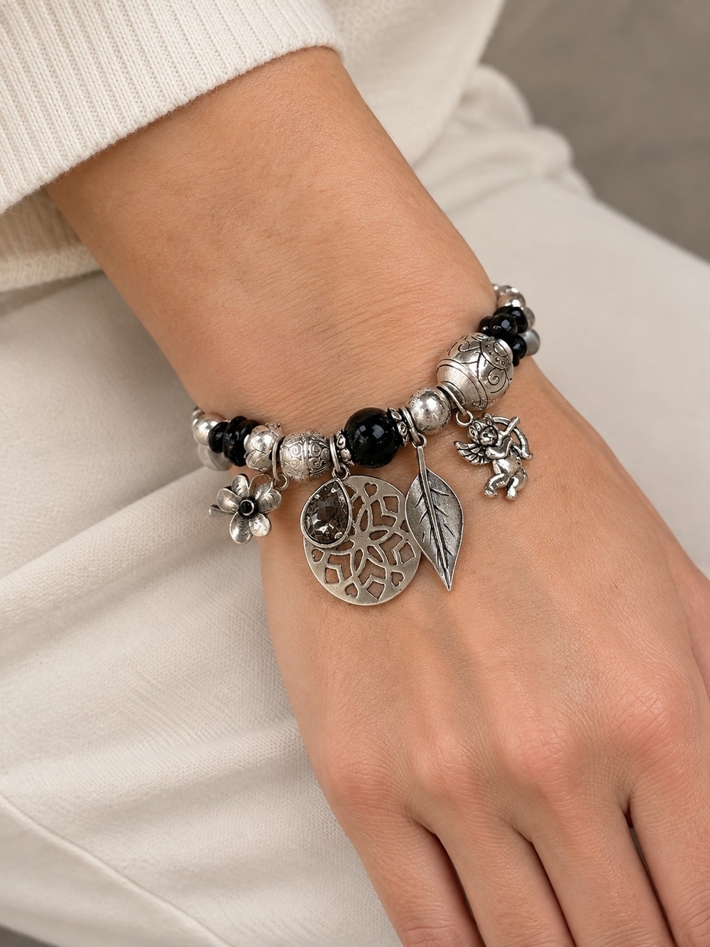 Silver & Black Charm Bracelet - Women Jewelry